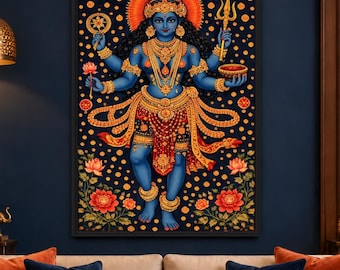 Kali Goddess Framed Canvas Wall Art, Blue and Gold Maa Kali Art, Hindu Spiritual Decor, Large Indian Religious Artwork