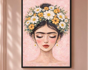 Frida Kahlo Wall Art, Frida Kahlo Print, Mexican Floral Woman Portrait, Pink Feminist Printable Wall Art