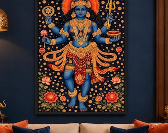 Kali Goddess Printable Wall Art, Blue and Gold Maa Kali Print, Hindu Spiritual Decor, Indian Religious Lotus Artwork