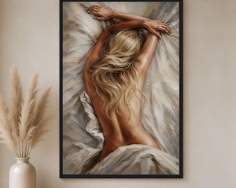 Sensuell konsttryck med kvinna i sängen, blond kvinnakonst, kvinnofigurkonst, väggkonst för sovrum, nakenkonst, feminin dekor, erotisk konst