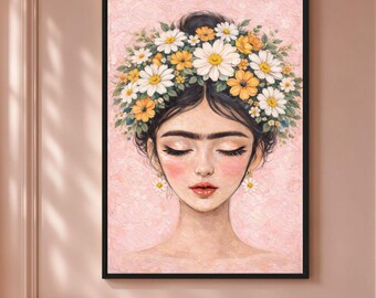 Frida Kahlo Wall Art, Mexican Floral Woman Portrait, Pink Feminist Framed Canvas, Large Living Room Wall Art