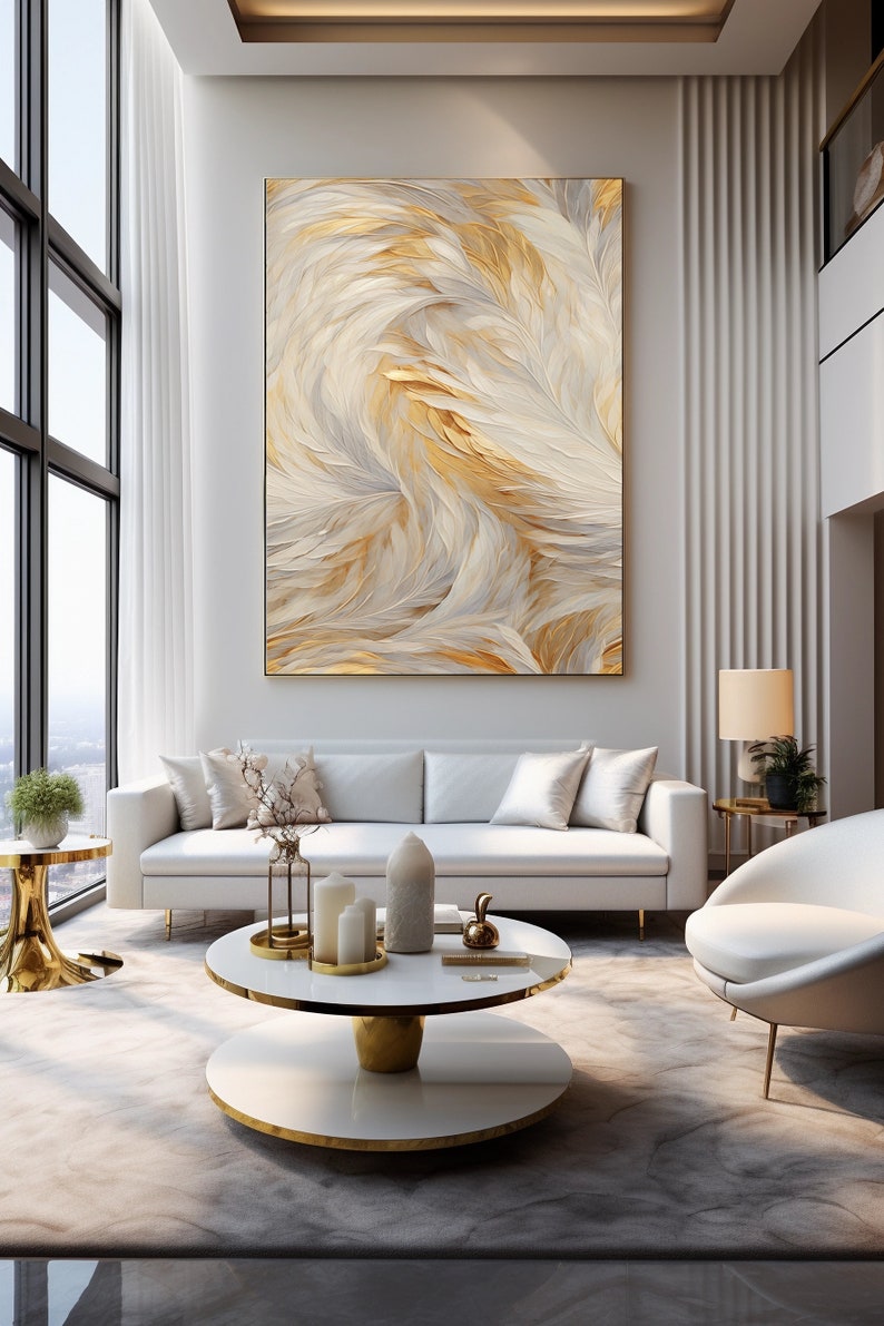 Feathers Abstract Framed Poster: Gold & White Feather Wall Art image 5