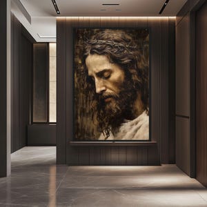 May include: A close-up portrait of a man with long brown hair and a beard, wearing a crown of thorns. The image is painted in a realistic style with a focus on the man's face and expression.