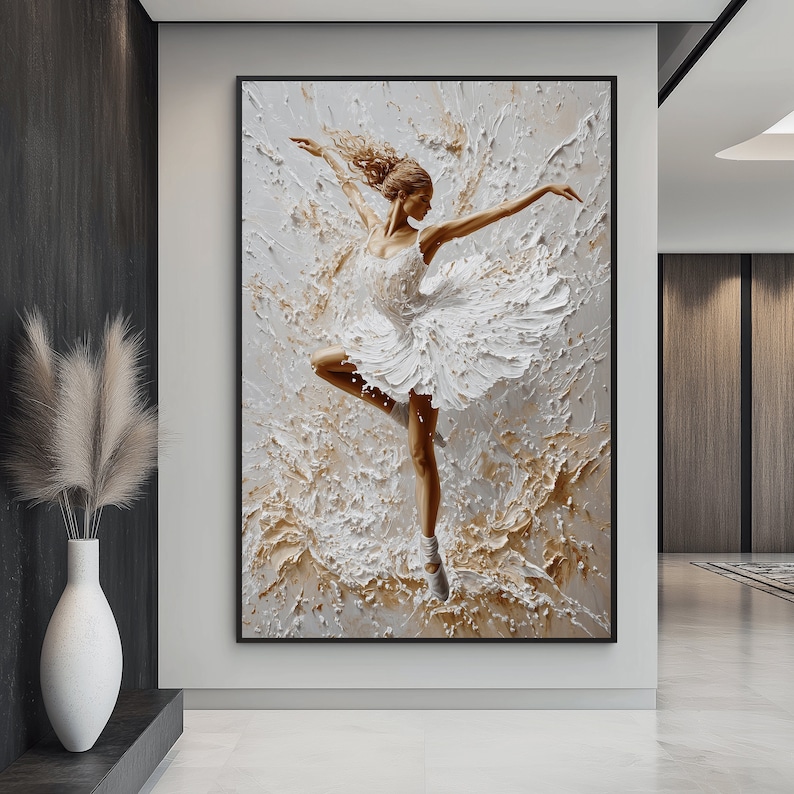 May include: A white ballerina in a white tutu is leaping through the air. The background is a textured white and gold abstract design.