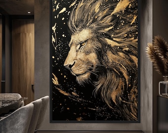 Black and Gold Lion Abstract Art Print: Majestic Wall Decor (Digital Download)