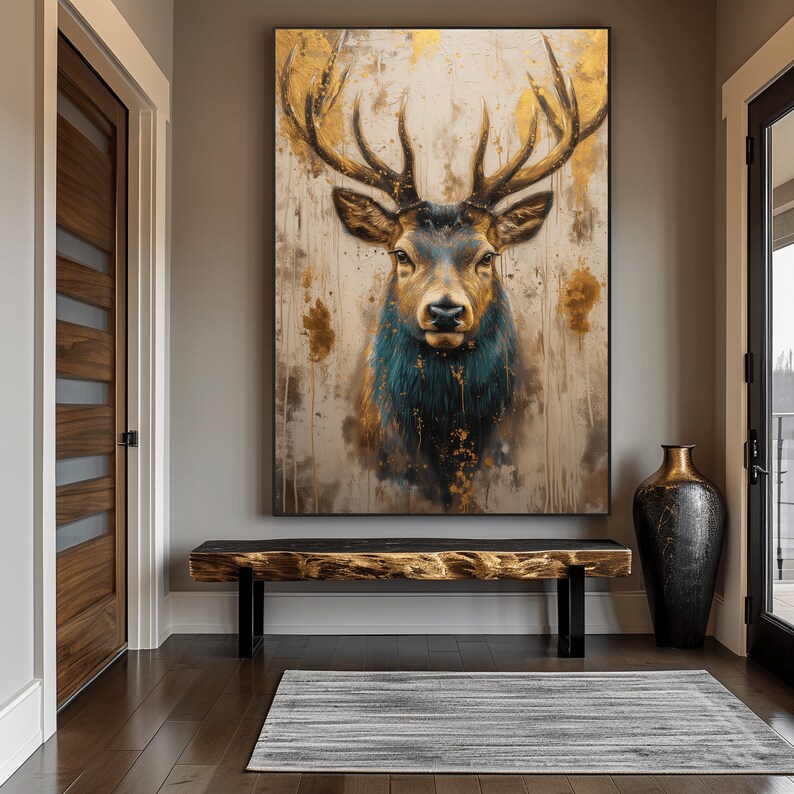 May include: A large canvas print of a deer with large antlers. The deer is looking directly at the viewer. The background is a light brown with gold accents.