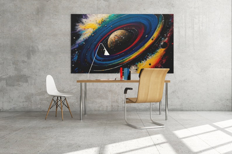 May include: A modern home office with a desk and two chairs. A large abstract painting of a galaxy with a planet in the center hangs on the wall. The painting is in shades of blue, yellow, red, and black.