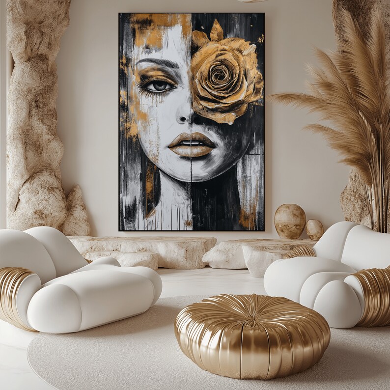 May include: Abstract painting of a woman's face with a large golden rose covering one eye. The background is a mix of black, white, and gold paint.