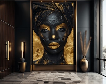 May include: A black and gold portrait of a person with a gold head wrap. The person's face is painted with gold accents and they are looking directly at the viewer.