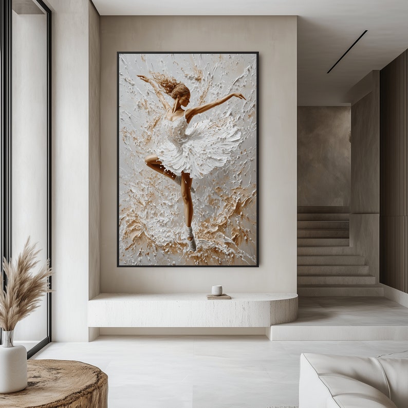 May include: A painting of a ballerina in a white tutu, with a textured background of white and gold paint.