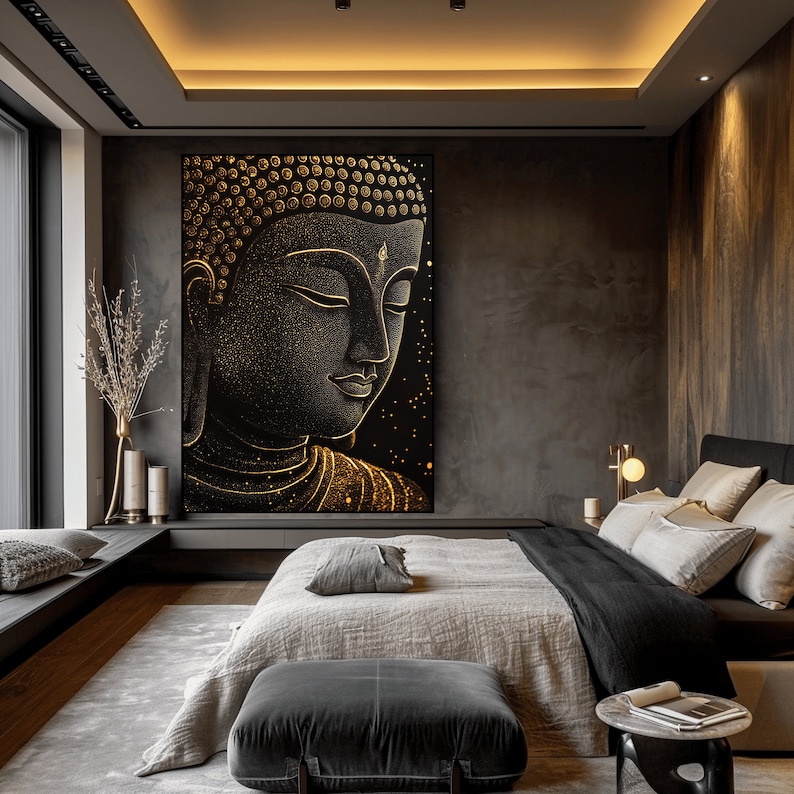 May include: A large, rectangular black and gold Buddha wall art print. The artwork features a detailed depiction of Buddha's face with gold accents and a starry background. The print is displayed in a modern bedroom setting with neutral tones.