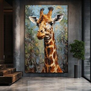 May include: A painting of a giraffe's head and neck against a blue and green background. The giraffe has a brown and tan patterned coat. The painting is in a modern interior setting.