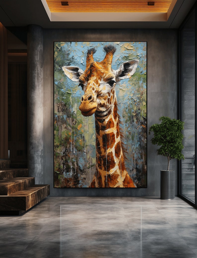 May include: A painting of a giraffe's head and neck against a blue and green background. The giraffe has a brown and tan patterned coat. The painting is in a modern interior setting.