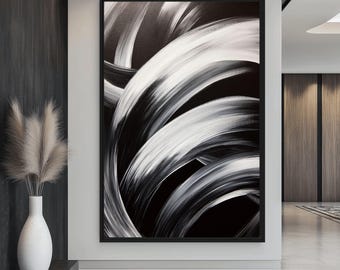 Ingelijst canvas zwart-wit penseelstreek: minimalistische abstracte kunst