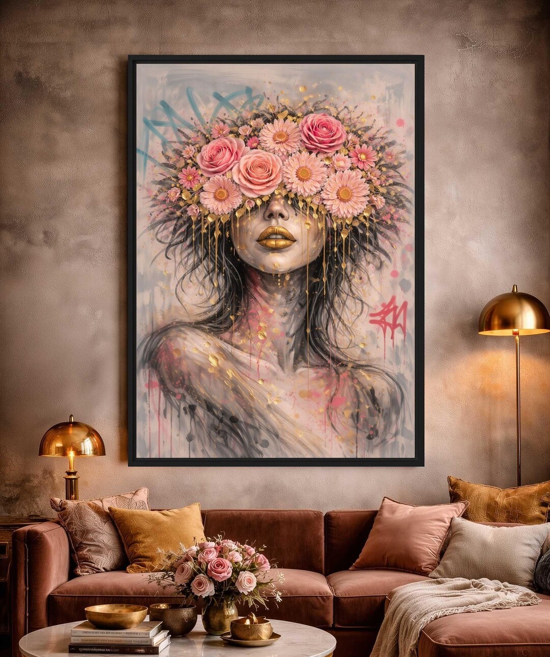 Woman Floral Crown Portrait Framed Canvas Art Print, Gold Drip Wall ...