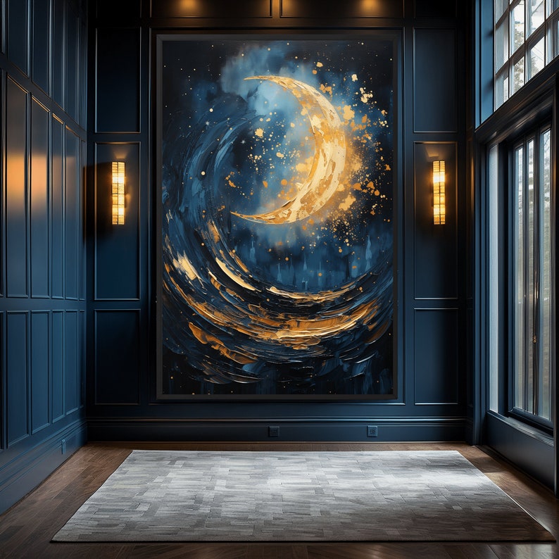 May include: A large abstract painting of a crescent moon in gold against a dark blue background with gold and white accents. The painting is hanging on a dark blue wall in a hallway with a gray rug on the floor.