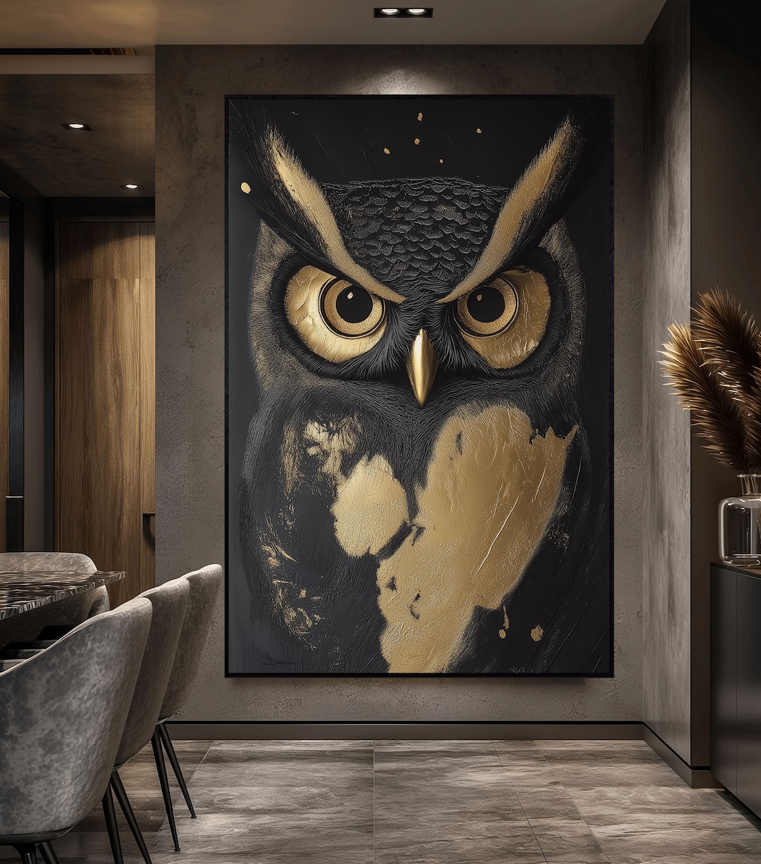 Owl Modern Art Framed Canvas, Black and Gold, Owl Wall Art, Owl