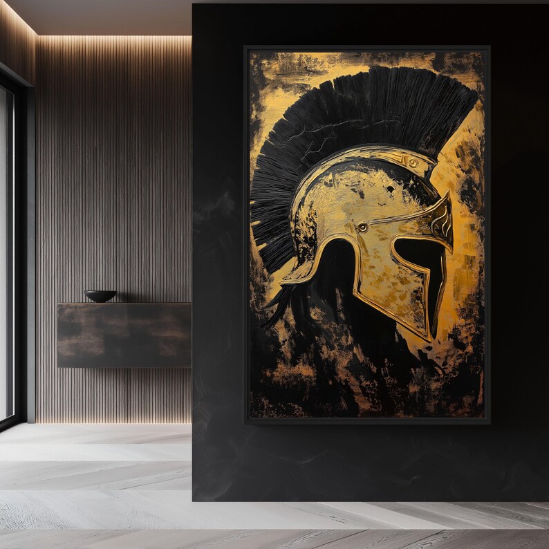 May include: A gold and black painting of a Spartan helmet with a black plume. The helmet is painted in a realistic style with details of the metal and the plume.