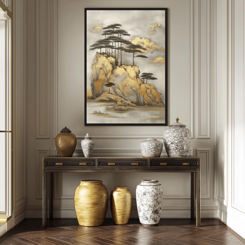 Japanese Landscape Printable Wall Art, Gold and Beige Japandi Wall Art ...