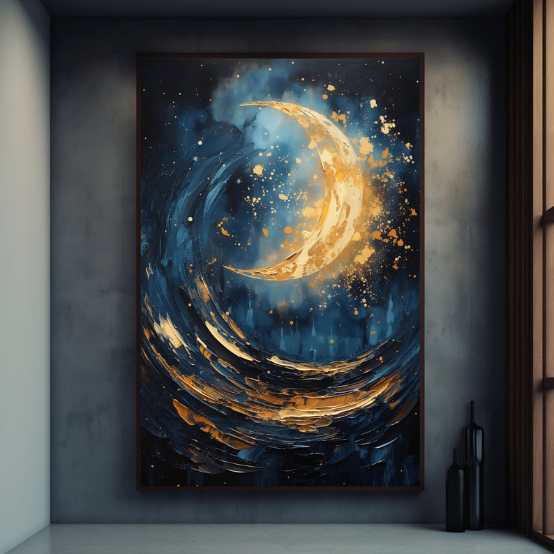 May include: Abstract painting of a crescent moon in gold against a dark blue background with gold flecks. The moon is surrounded by swirling blue and gold brushstrokes.