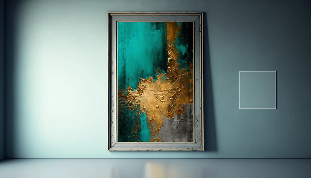 Teal Gold Abstract Wall Art Canvas Teal Abstract Art Teal Etsy