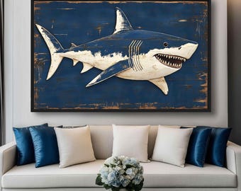 水彩サメ 印刷可能なアート 海の装飾 サメのプリント 海 ホオジロザメ