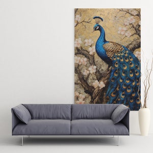 May include: A painting of a blue peacock with a golden tail, perched on a branch with pink blossoms. The background is a golden color.