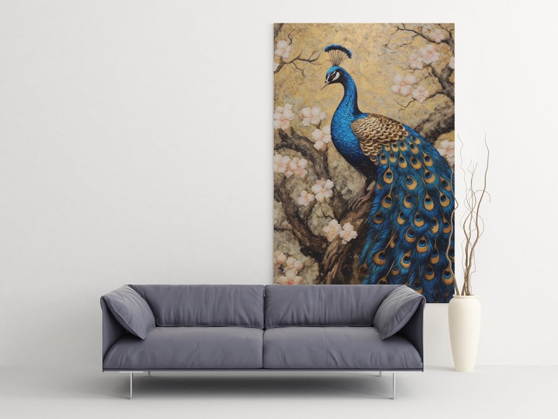May include: A painting of a blue peacock with a golden tail, perched on a branch with pink blossoms. The background is a golden color.