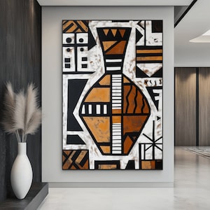 May include: Abstract geometric painting featuring a large, stylized vase in shades of brown, black, and white. The vase is surrounded by geometric shapes and patterns.