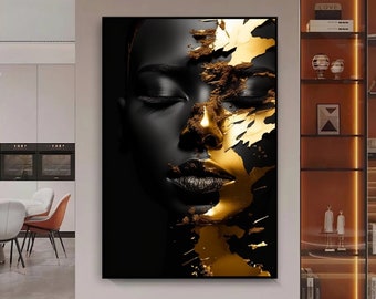 African Woman in Gold Digital Print, African Woman, African American Art, African Wall Art, Black Woman, Abstract Wall Art, Home Decor, Gold