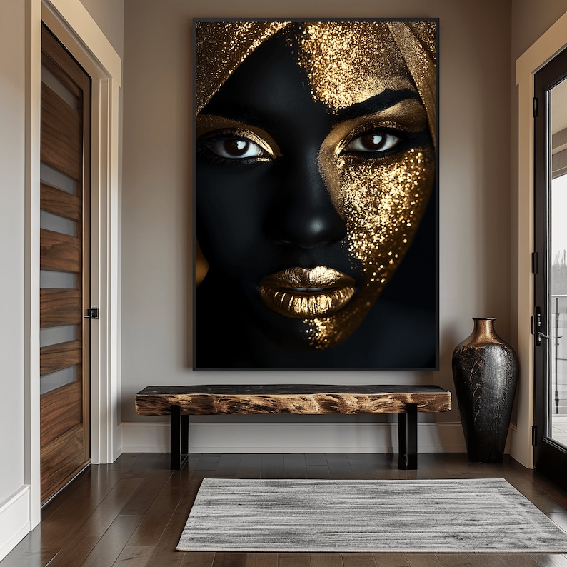 May include: A close-up of a woman's face with gold glitter makeup. The background is black and the image is framed.