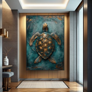 Puede incluir: Una pintura abstracta de una tortuga marina en oro y verde sobre un fondo texturizado.