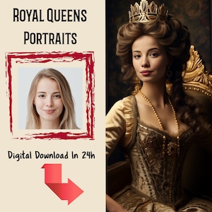 Portrait personnalisé de la reine : oeuvre d'art royale vintage à partir d'une photo (impression numérique)