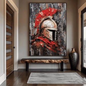 May include: A painting of a Spartan warrior's helmet with a red plume. The helmet is painted in a realistic style with a textured, brushstroke effect. The background is a dark gray with splashes of red and white paint.