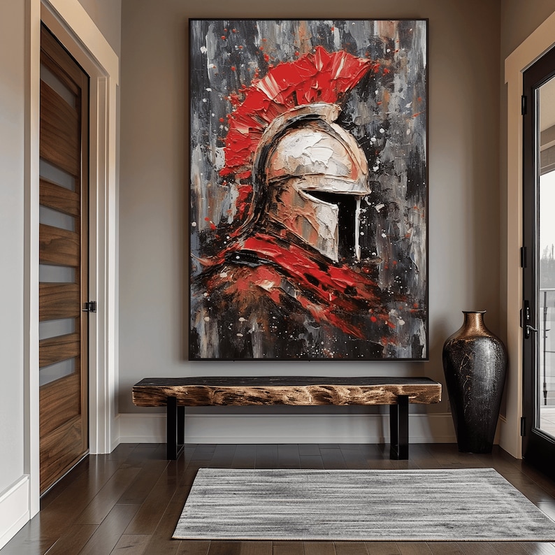 May include: A painting of a Spartan warrior's helmet with a red plume. The helmet is painted in a realistic style with a textured, brushstroke effect. The background is a dark gray with splashes of red and white paint.
