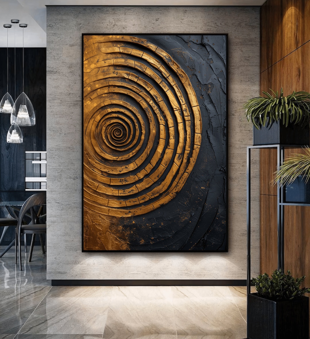 Spiral Black and Gold Abstract Art Digital Print, Gold Wall Art, Black