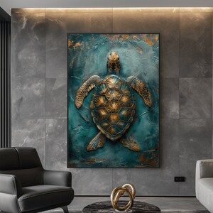 Puede incluir: Una pintura abstracta de una tortuga marina en oro y turquesa, con un fondo texturizado.