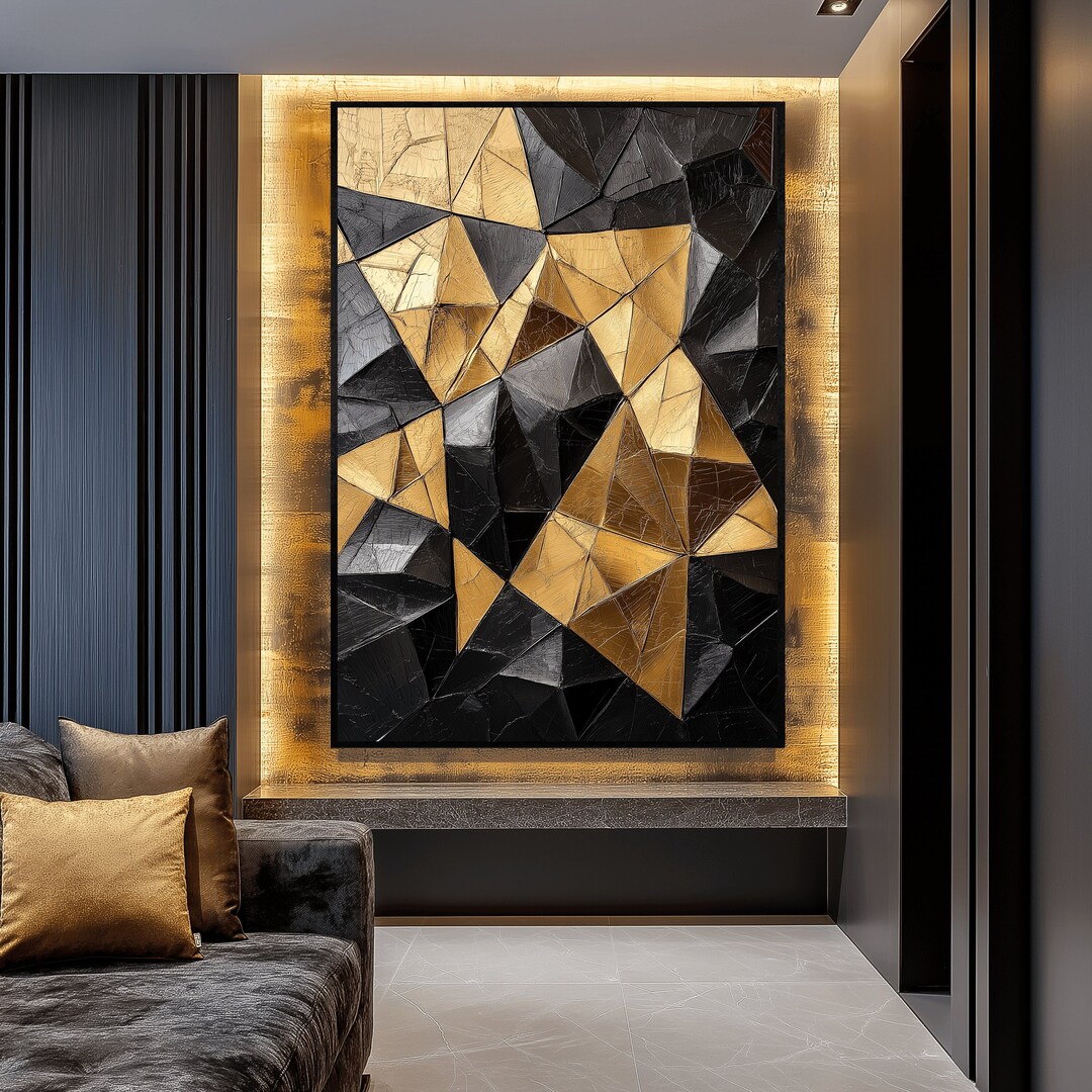 Black and Gold Geometric Framed Canvas: Modern Abstract Wall Art - Etsy