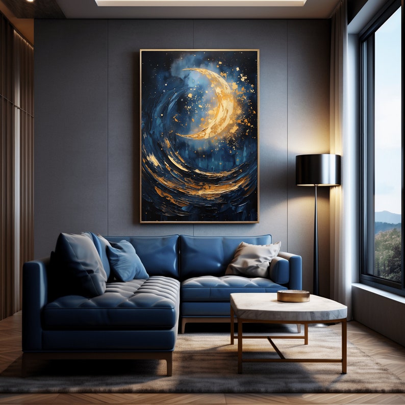 May include: A blue sectional sofa with a gold and white coffee table in front of it. A large painting of a golden crescent moon on a dark blue background hangs on the wall behind the sofa.