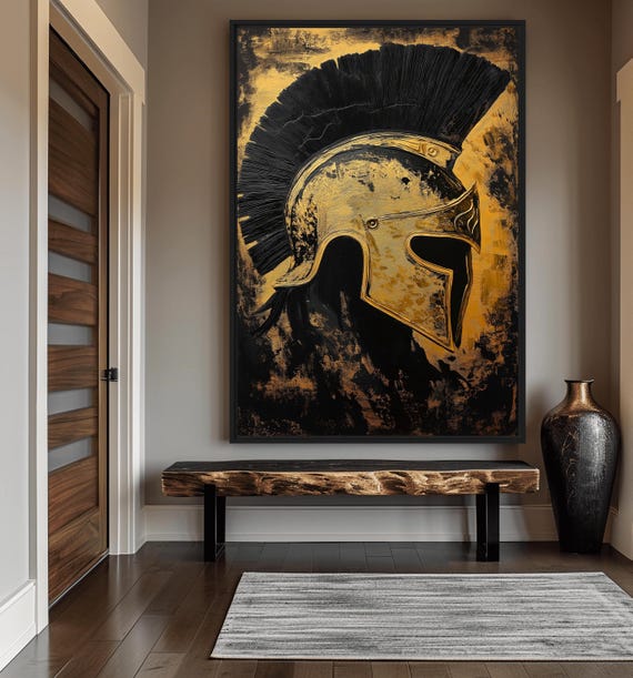Black and Gold Spartan Helmet Framed Canvas: Modern Gladiator Art