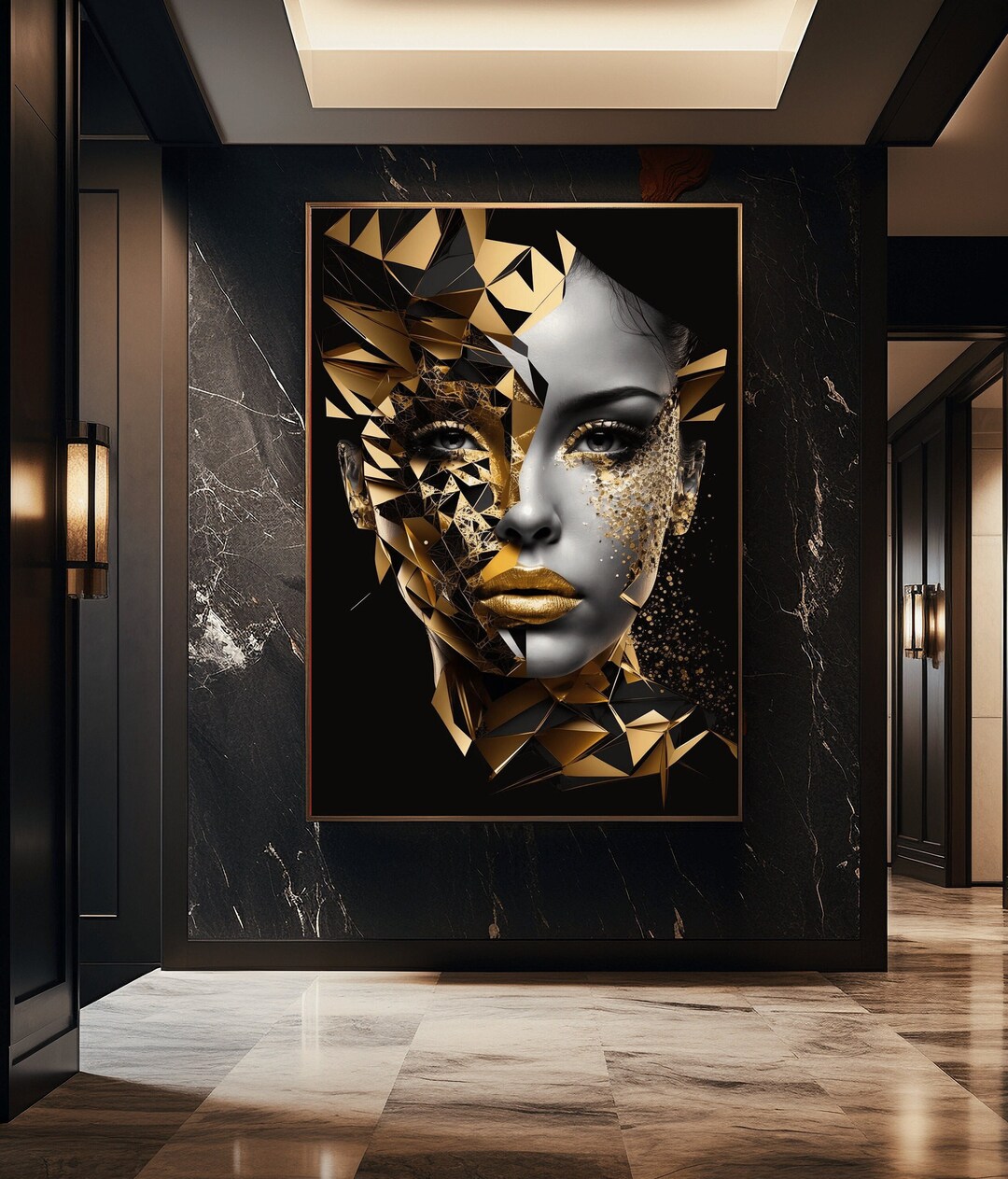 Woman Abstract Digital Print, Gold and Black, Woman Abstract Print