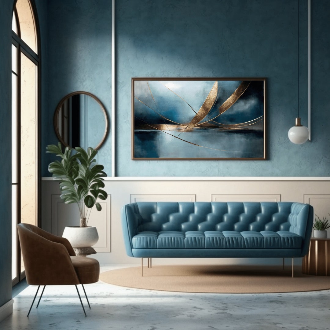 Navy Blue Abstract Wall Art Canvas Navy Blue Gold Blue Gold Etsy