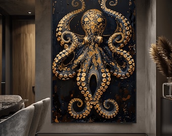 Octopus Abstract Art Framed Poster, Octopus, Octopus Wall Art, Octopus Painting, Sea Creature Art, Sea Life, Luxury Wall Art, Gold, Black