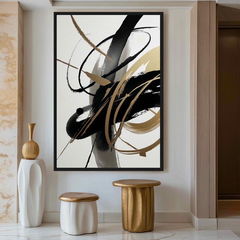 Large Black White Gold Abstract Wall Art, Luxury Modern Brush Stroke ...