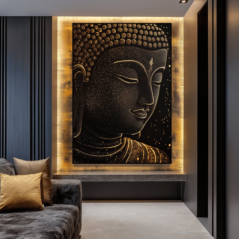 May include: A large, rectangular black and gold Buddha wall art piece. The Buddha's face is detailed with gold accents, and the background is a starry night. The artwork is illuminated by a warm, golden light, creating a serene atmosphere.