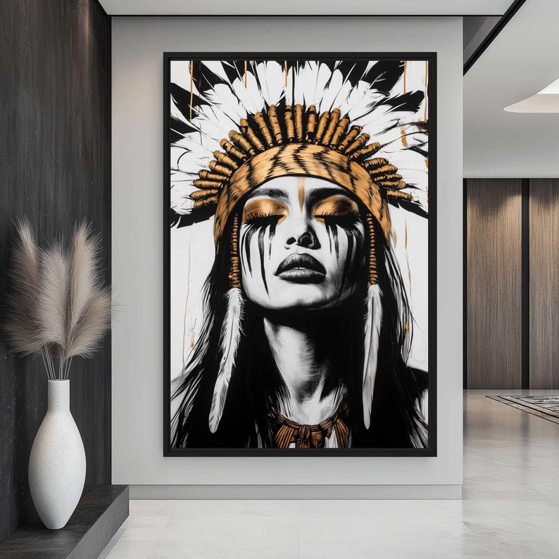 Native American Woman Canvas Art – Feather Headdress Cultural Portrait ...