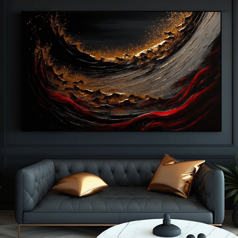 May include: Abstract painting with a black background, red and gold accents, and a wave-like pattern.