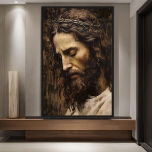 May include: A close-up portrait of a man with a crown of thorns on his head. The image is painted in a dark, realistic style with a focus on the man's face and beard.
