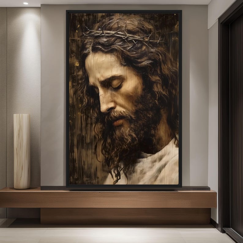May include: A close-up portrait of a man with a crown of thorns on his head. The image is painted in a dark, realistic style with a focus on the man's face and beard.