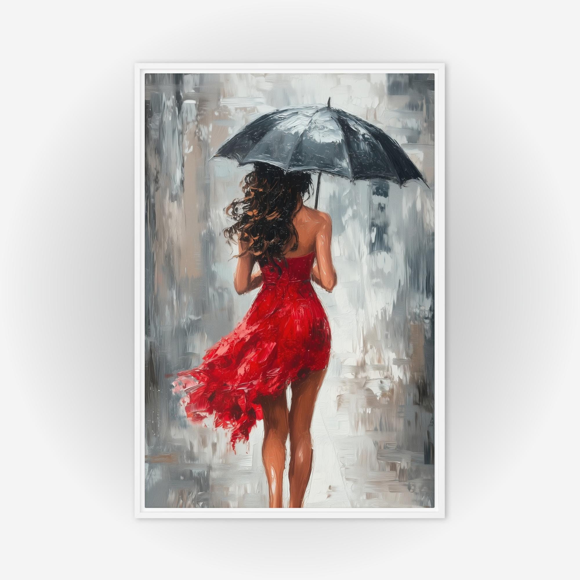 Woman With Umbrella Framed Canvas: Red Dress Painting